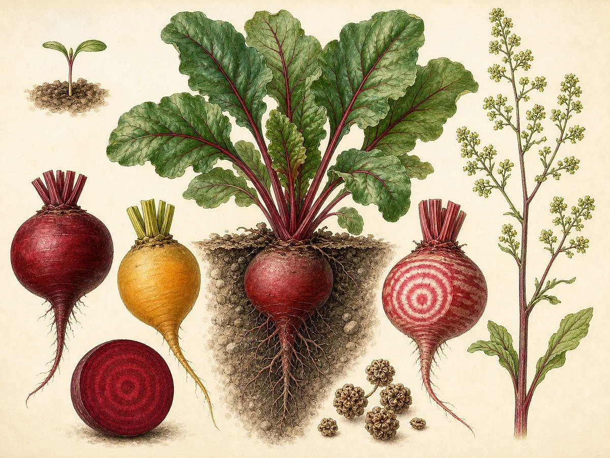 Ilustração botânica de beterraba de mesa com roseta de folhas de nervuras vermelhas, raízes redondas em várias cores, glomérulos de sementes e haste floral