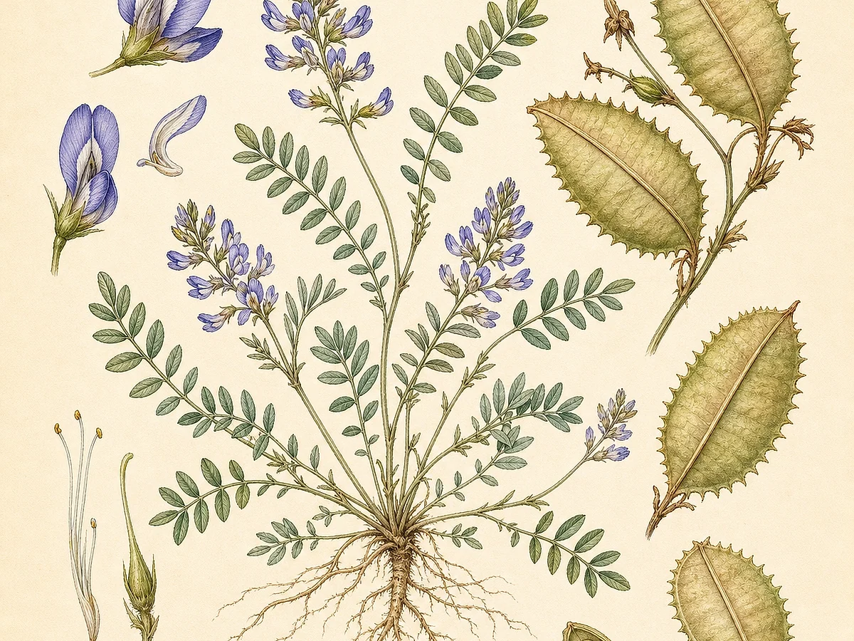 Prancha botânica de Astragalus pelecinus subsp. pelecinus com folhas pinadas, pequenas flores azuladas e vagens achatadas com margens duplamente serradas