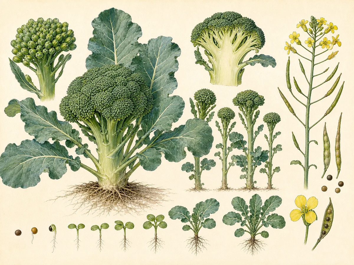 Ilustração botânica de brócolo com folhas cerosas, cabeça verde compacta, rebentos laterais, flores amarelas e síliquas
