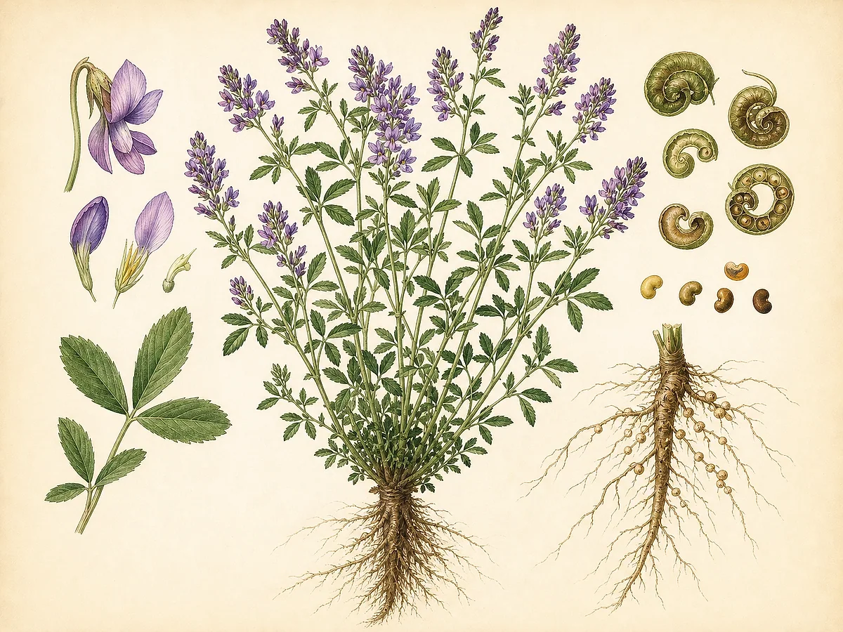 Ilustração botânica de luzerna com raiz pivotante profunda, folhas trifoliadas, flores violetas, vagens espiraladas e nódulos radiculares