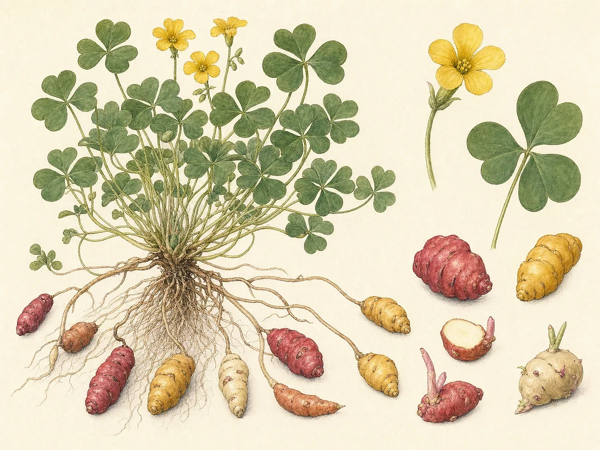 Prancha botânica de oca com folhas trifoliadas em coração, flores amarelas, estolhos subterrâneos, tubérculos coloridos nodosos e raízes finas
